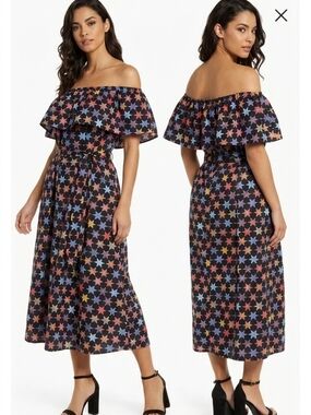 Never Fully Dressed Black Off-Shoulder Star Print Midi Dress